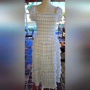 Sweet en Forme Blue & White Large Gingham Print Smocked Midi Ruffle Dress Size S